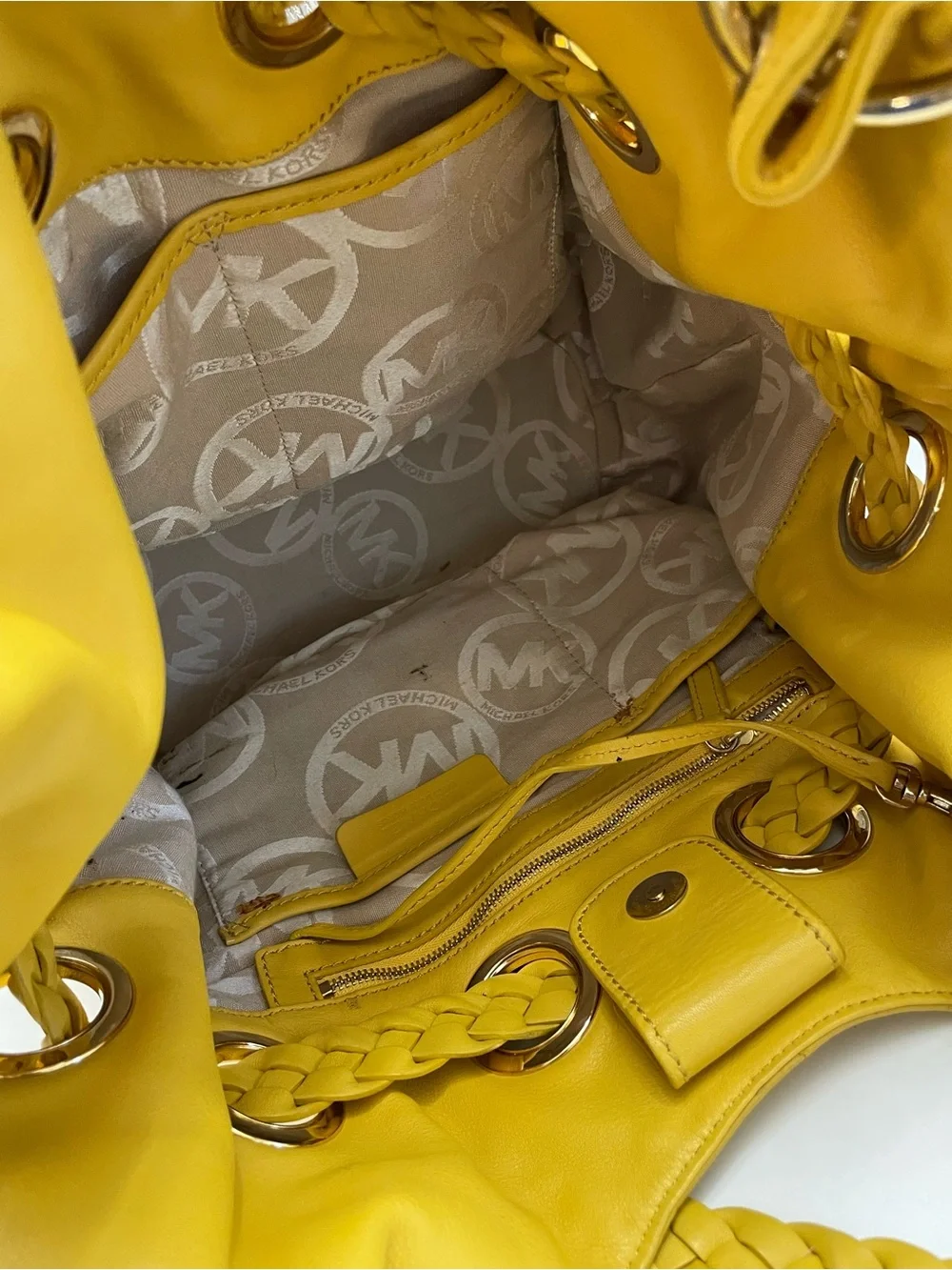 Michael Kors Yellow Leather Braided Grommet Shoulder Tote Bag Tassel Large MK
